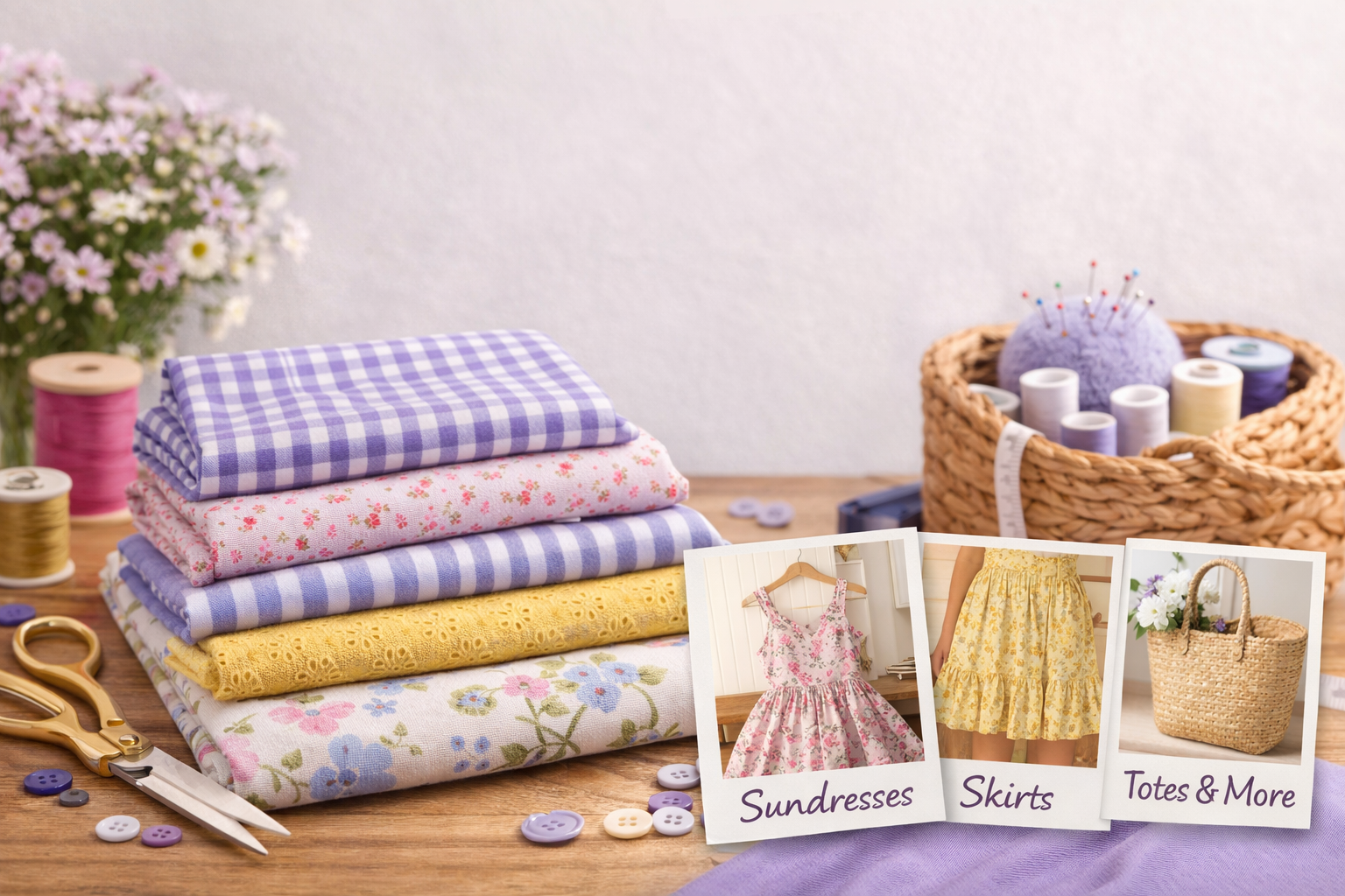 Spring fabrics flatlay — cotton lawn, linen, viscose, chambray, double gauze