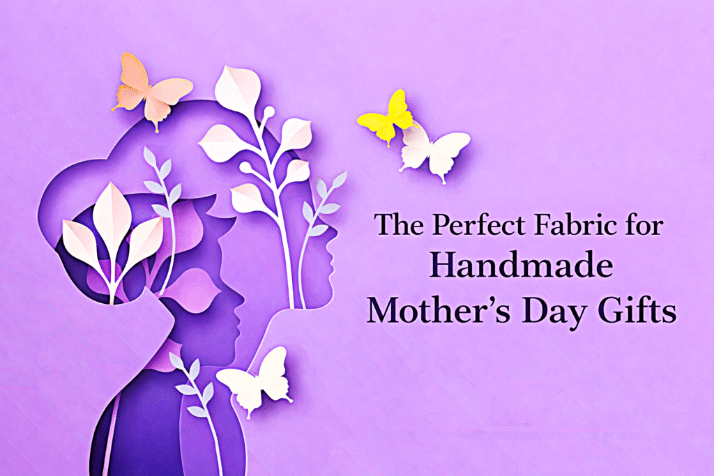 Paper art silhouette of a woman and child with leaves and butterflies on a purple background. Text reads, “The Perfect Fabric for Handmade Mother’s Day Gifts.”.