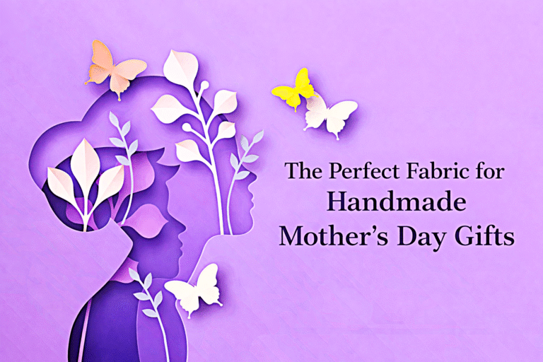 Paper art silhouette of a woman and child with leaves and butterflies on a purple background. Text reads, “The Perfect Fabric for Handmade Mother’s Day Gifts.”.