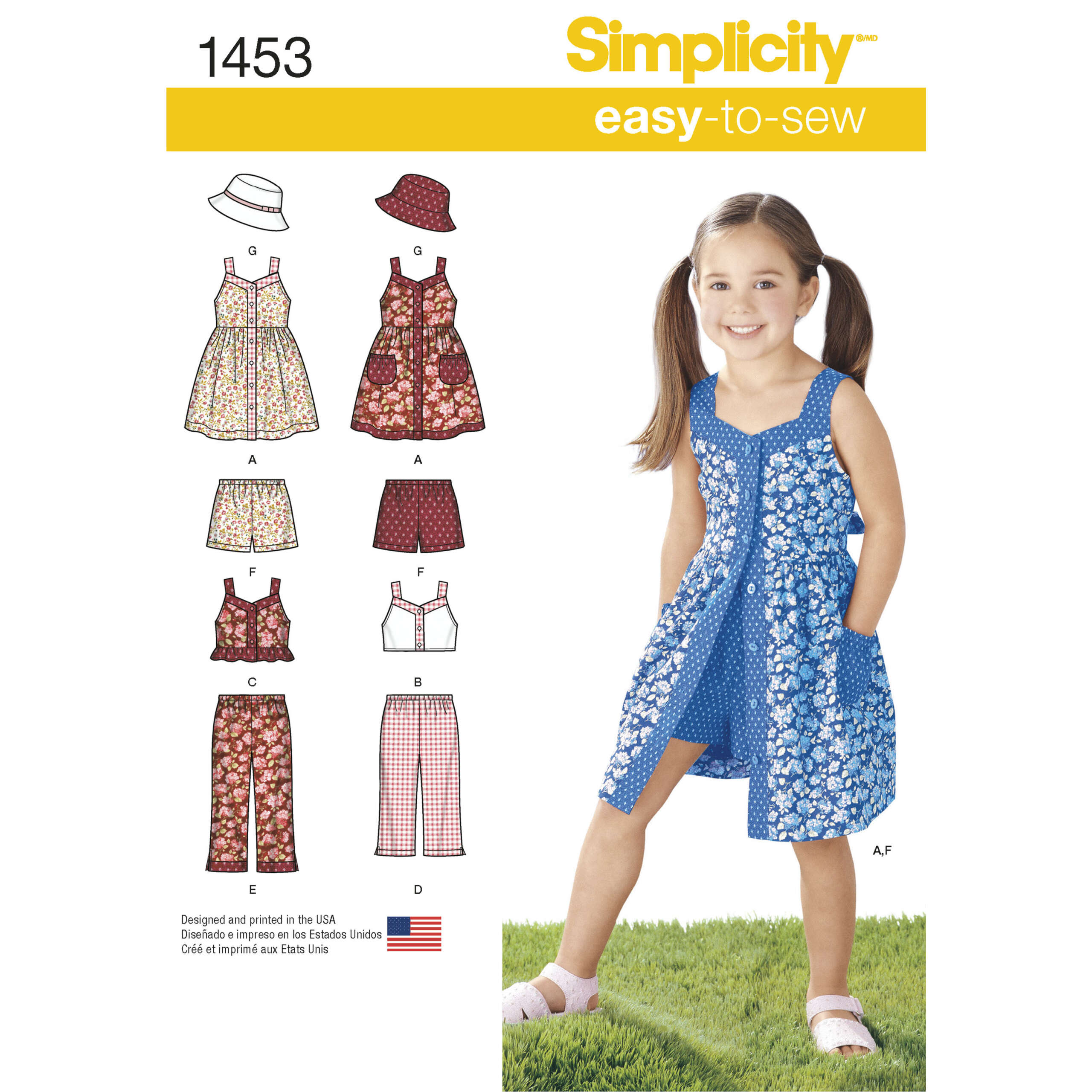 S1453_envelope_front-scaled-1.jpg Simplicity | 1453 | Child's Dress, Top, Pants or Shorts and Hat - Image 1