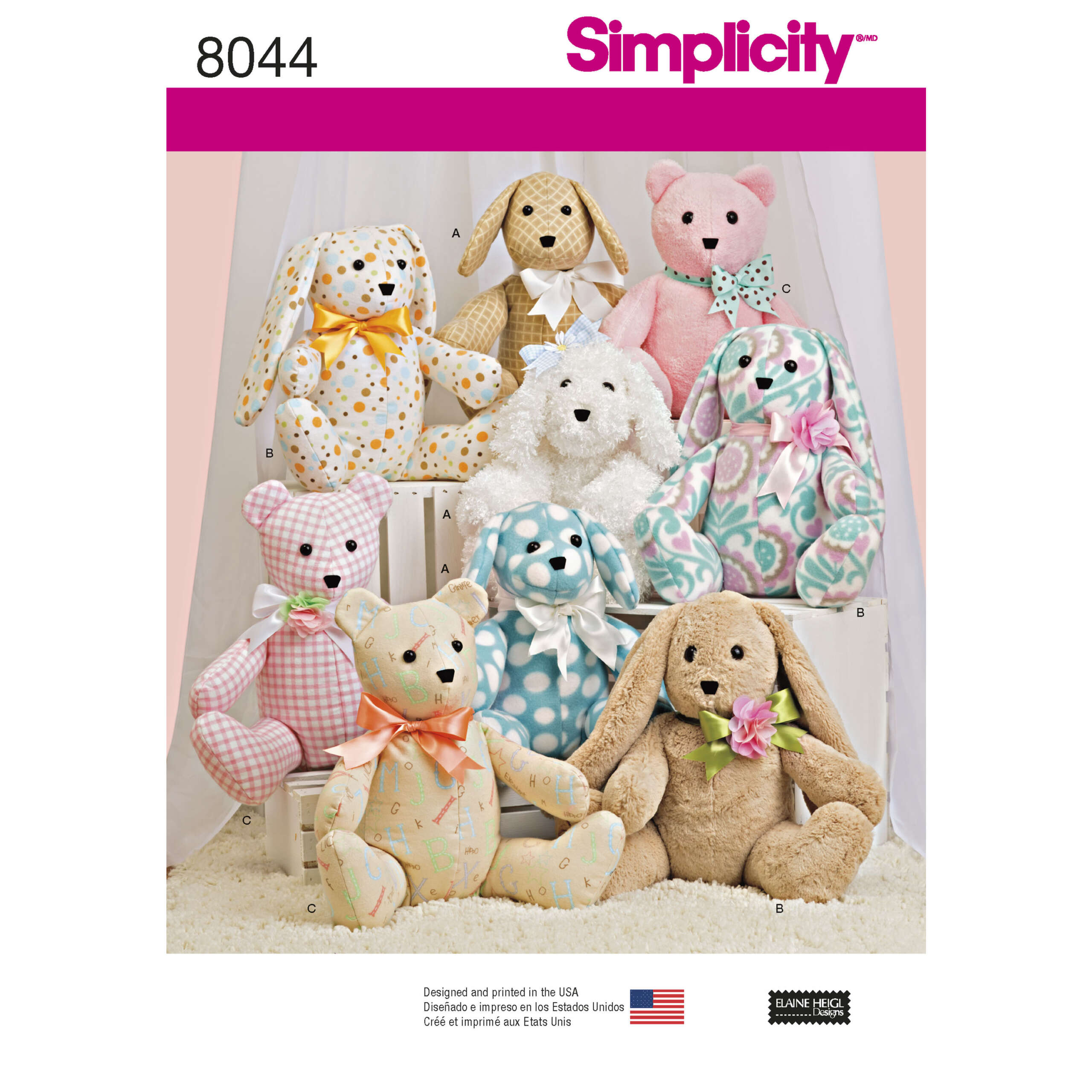 S8044_envelope_front-1-scaled-1.jpg Simplicity | 8044 | Two-Pattern Piece Stuffed Animals - Image 1
