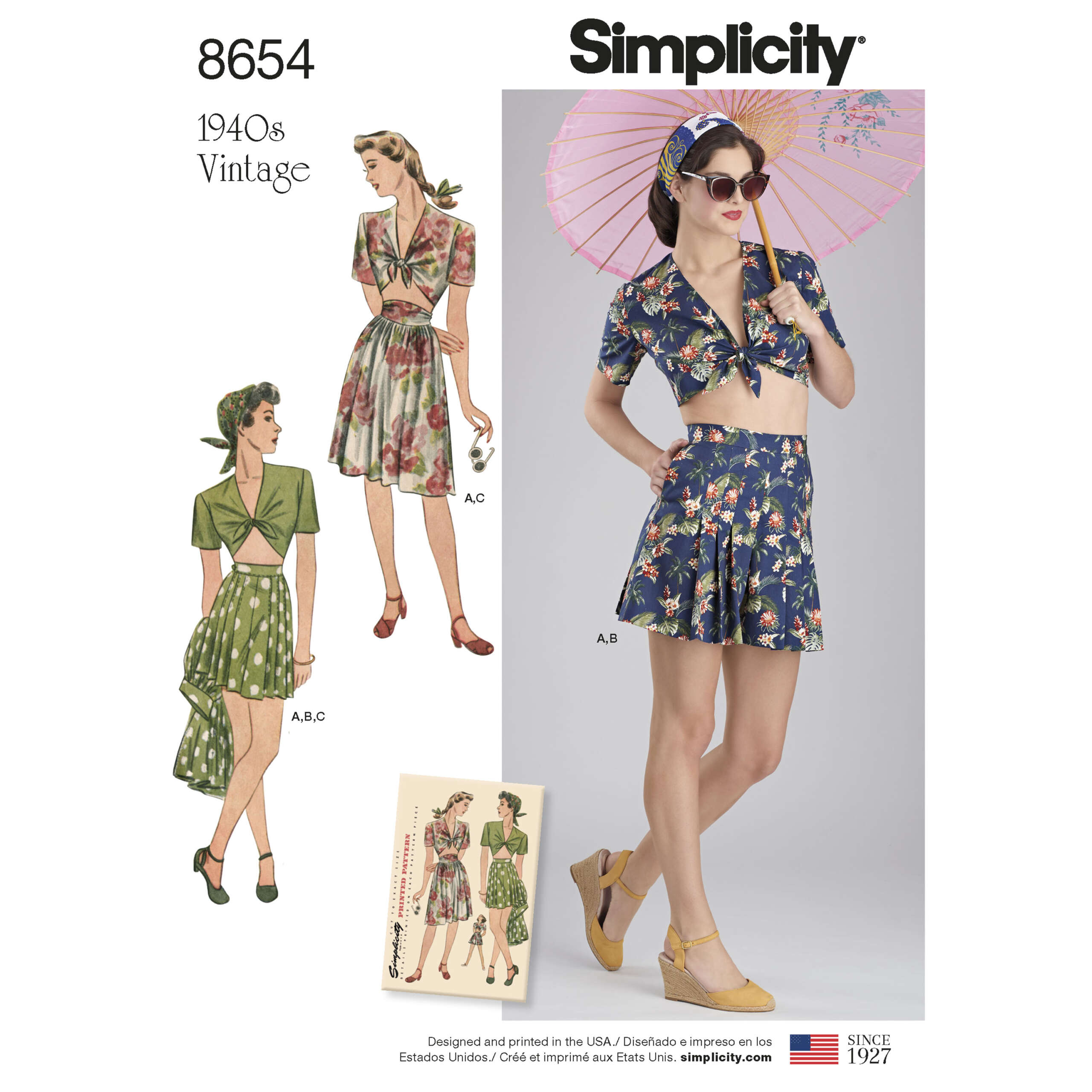 S8654_envelope_front-scaled-1.jpg Simplicity | 8654 | 1940s Misses' Vintage Skirt, Shorts and Tie Top - Image 1