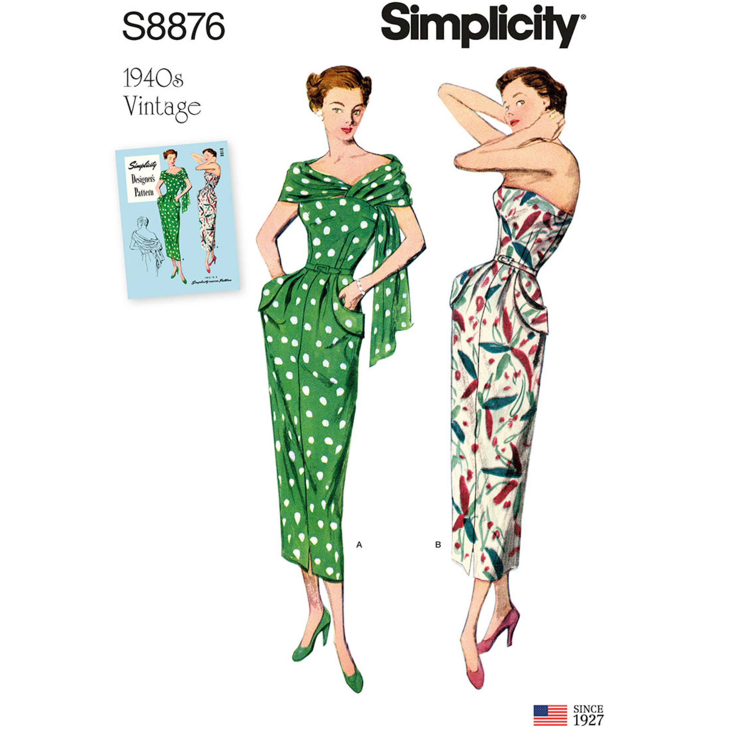 S8876_envelope_front-scaled-1.jpg Simplicity | S8876 | 1940s Misses'/Women's Vintage Dress and Stole - Image 1