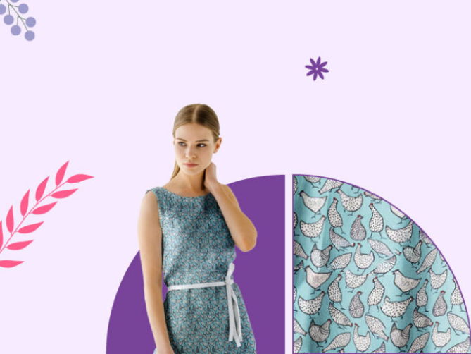 A woman wearing a blue patterned sleeveless dress with a white belt stands against a pastel background with decorative leaves and shapes. A close-up of the bird pattern on the dress is displayed on the right.