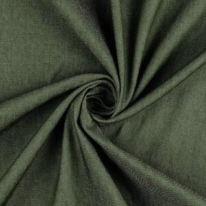 Close-up of olive green fabric with a soft texture, gathered and twisted in the center to create a spiral pattern with gentle folds radiating outward.