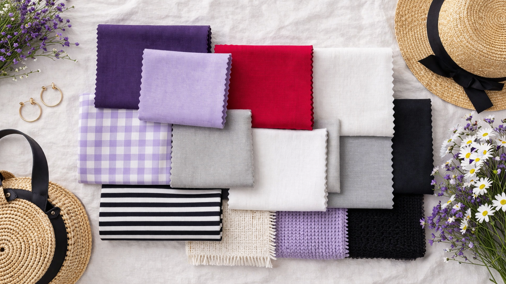 Spring capsule wardrobe fabrics flat lay