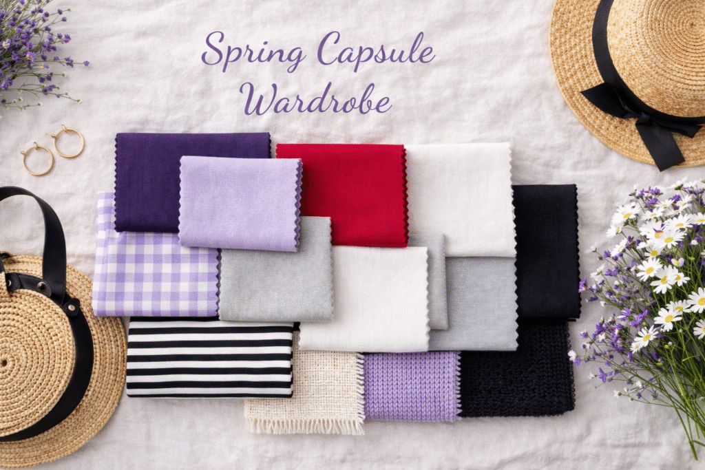 Neatly arranged fabric swatches in purple, red, black, white, and gray, with spring accessories including straw hats, a round bag, gold hoop earrings, and fresh flowers. Text reads "Spring Capsule Wardrobe.