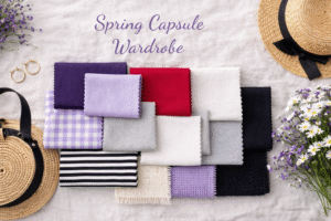 Neatly arranged fabric swatches in purple, red, black, white, and gray, with spring accessories including straw hats, a round bag, gold hoop earrings, and fresh flowers. Text reads "Spring Capsule Wardrobe.
