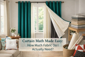 A bright room with teal and white curtains pulled aside to show fabric layers. Text overlay reads: “Curtain Math Made Easy: How Much Fabric Do I Actually Need?” Folded fabrics and a sewing machine are nearby.