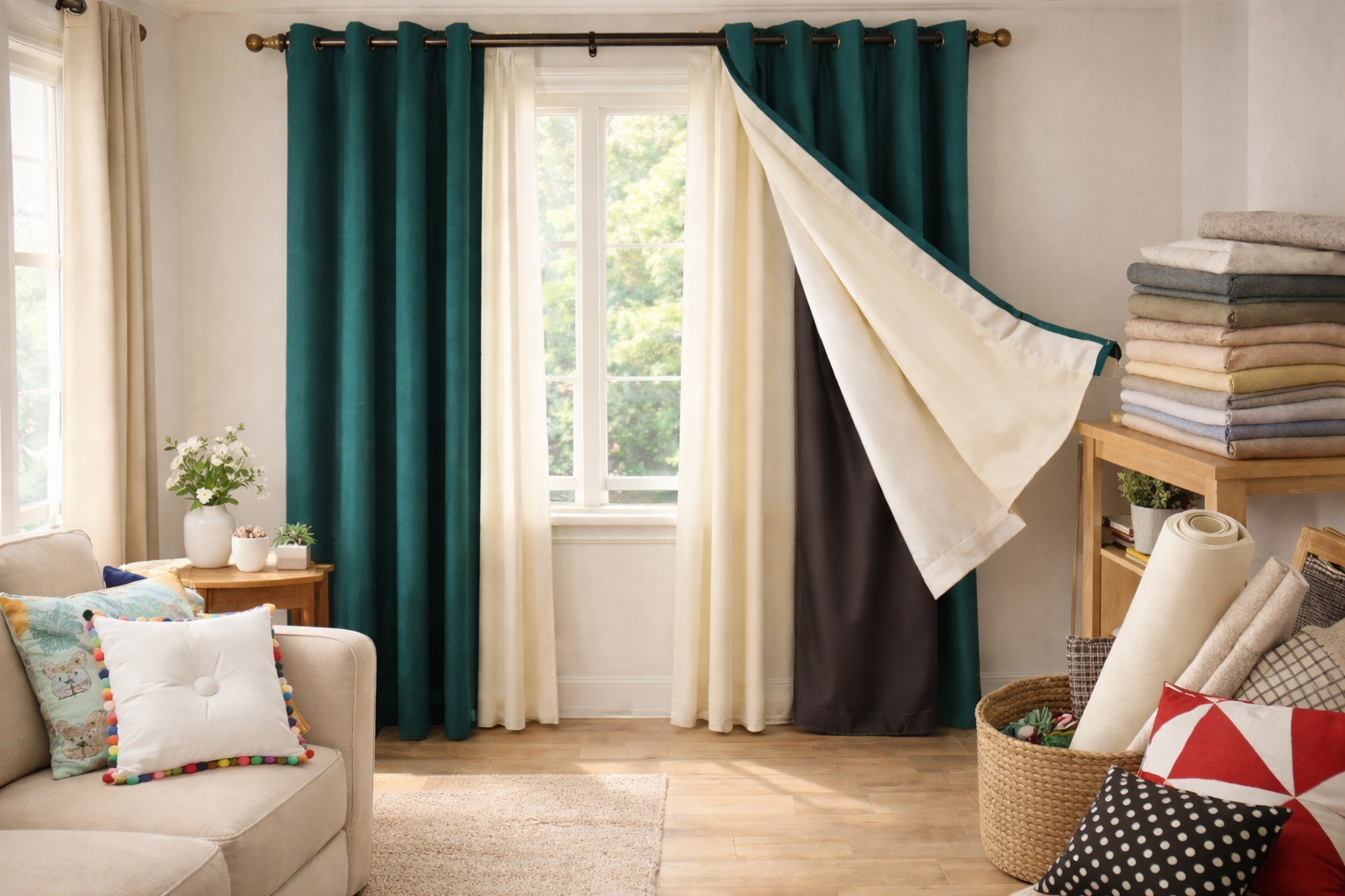 Beautiful curtains hanging in a bright UK home interior