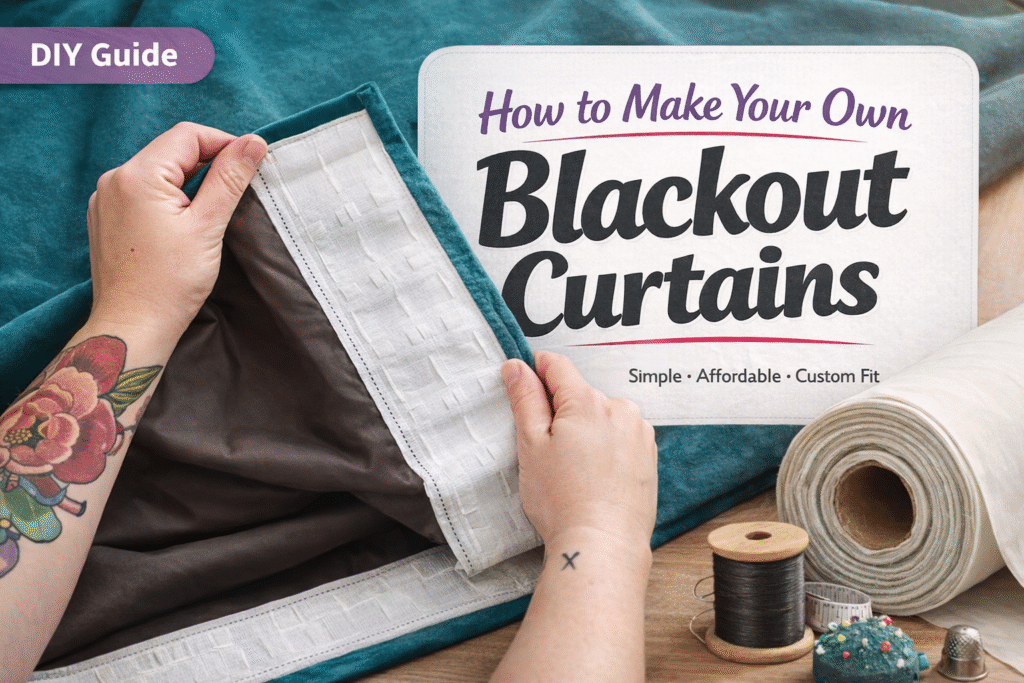 A person with a floral tattoo pins fabric for blackout curtains. Sewing supplies and a roll of fabric are on the table. Text reads: "How to Make Your Own Blackout Curtains - Simple • Affordable • Custom Fit. DIY Guide.