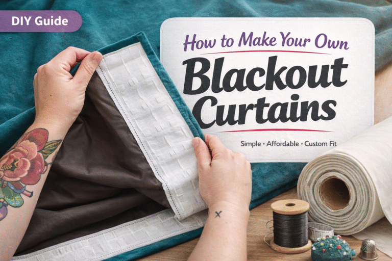A person with a floral tattoo pins fabric for blackout curtains. Sewing supplies and a roll of fabric are on the table. Text reads: "How to Make Your Own Blackout Curtains - Simple • Affordable • Custom Fit. DIY Guide.