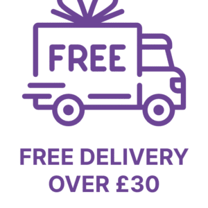 Purple icon of a delivery truck with a gift on top and the word “FREE” on its side. Text below reads: “FREE DELIVERY OVER £30.”.