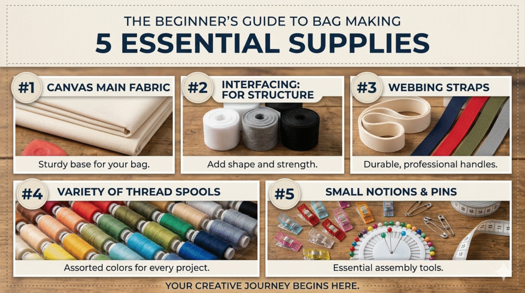 An infographic titled "5 Essential Supplies for Bag Making" with images of canvas fabric, interfacing rolls, webbing straps, colored thread spools, and assorted small notions and pins.
