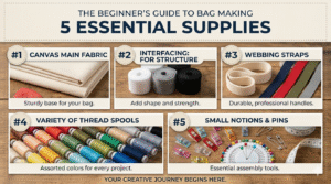 An infographic titled "5 Essential Supplies for Bag Making" with images of canvas fabric, interfacing rolls, webbing straps, colored thread spools, and assorted small notions and pins.