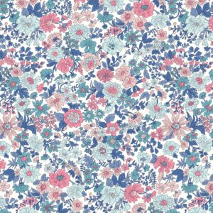 A seamless floral pattern featuring pink, blue, and teal flowers with green leaves, densely arranged on a white background, creating a vibrant and intricate design.