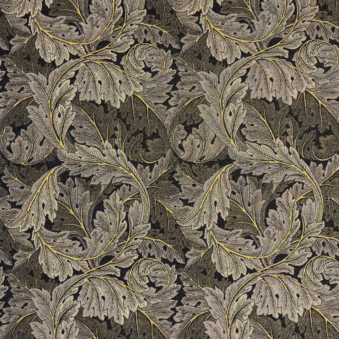 William Morris Acanthus Velvet — large-scale scrolling leaf print in deep green and gold