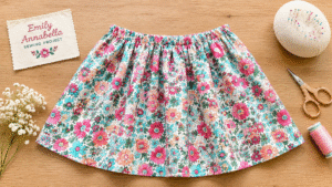 A floral skirt with pink, orange, and teal flowers is displayed on a wooden surface. Scissors, thread, a pin cushion, white flowers, and a stitched label reading “Emily Annabella Sewing Project” surround it.