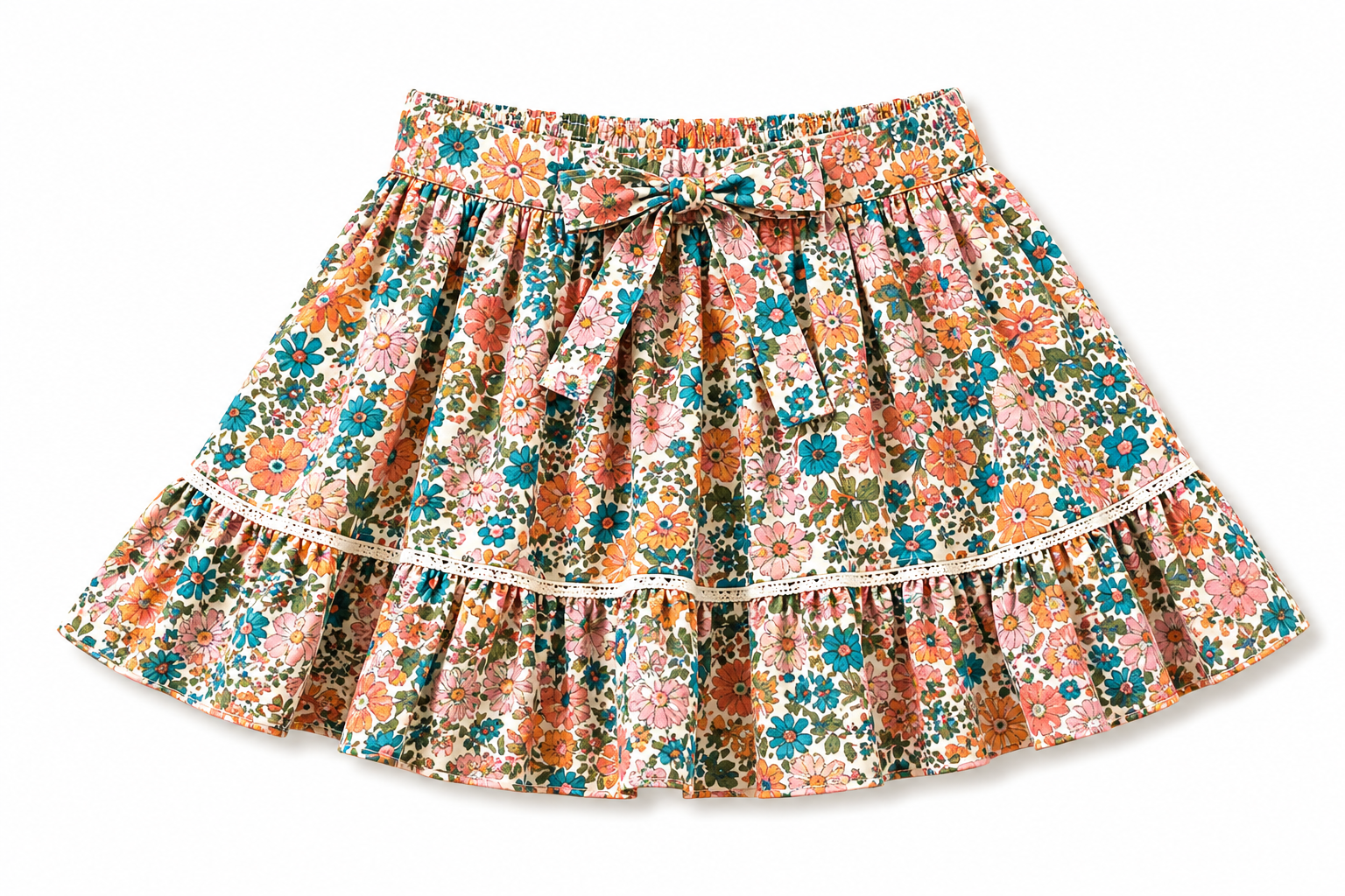 Liberty print gathered skirt flatlay with elastic waistband visible