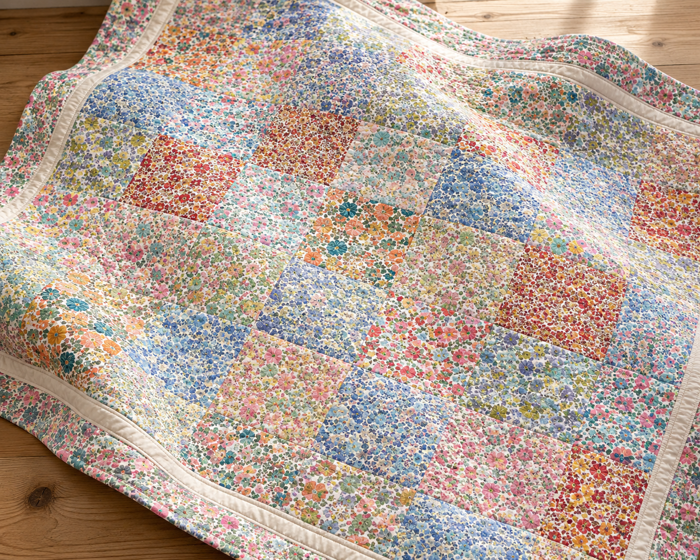 Liberty Lasenby Cotton patchwork heritage quilt blocks laid out on a wooden table