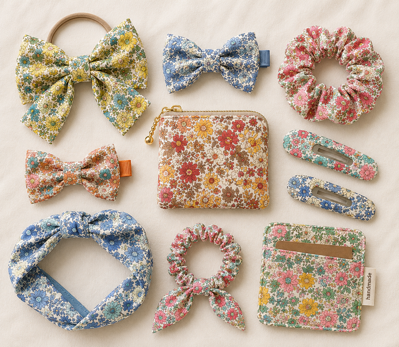 Liberty Lasenby Cotton hair bows and scrunchies flatlay on a marble surface