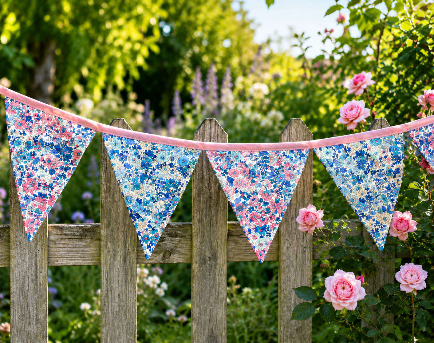 Liberty Lasenby Cotton bunting in pink and blue hanging over a garden fence in sunlight