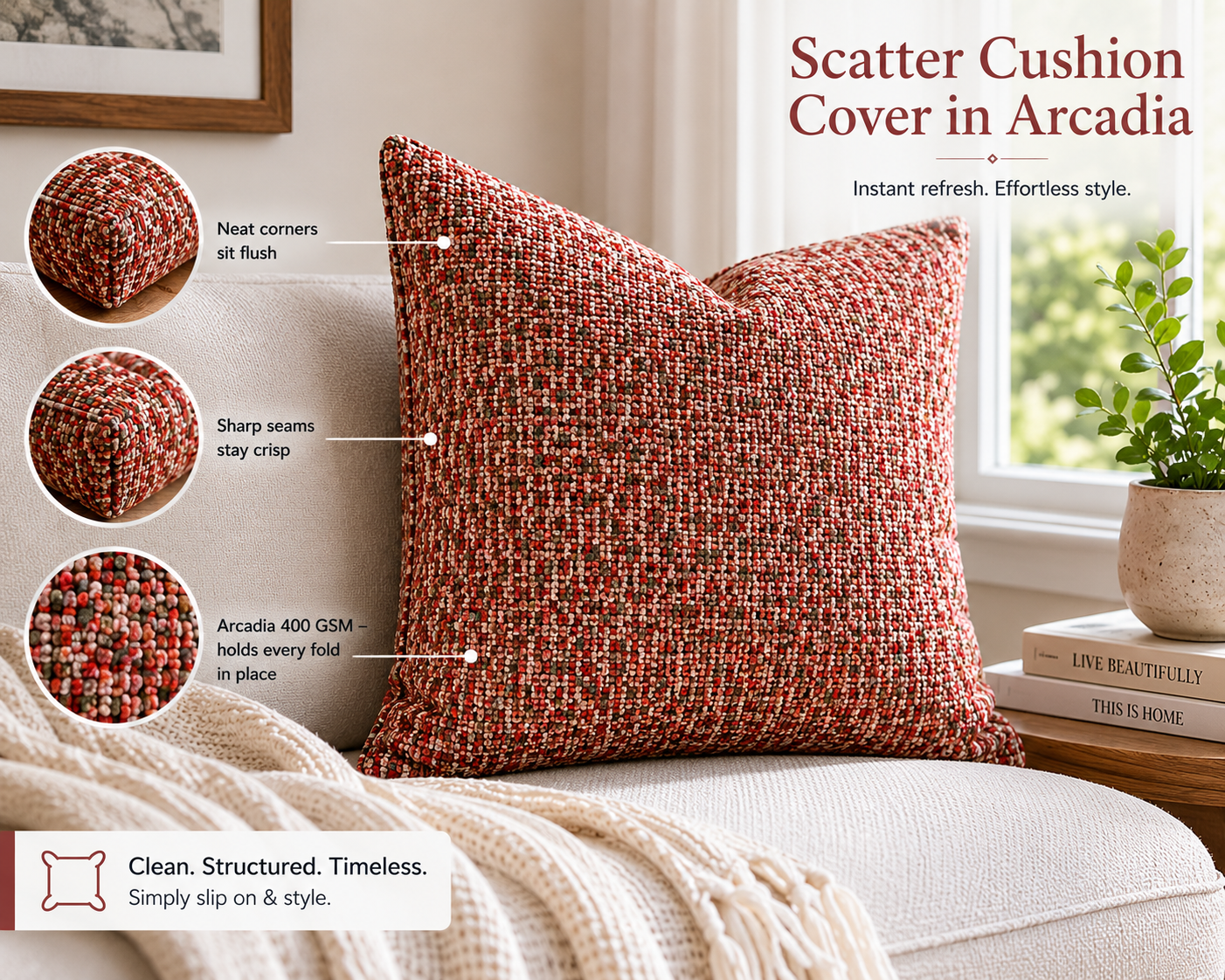 Scatter cushion covers made from Arcadia Basketweave fabric arranged on a sofa