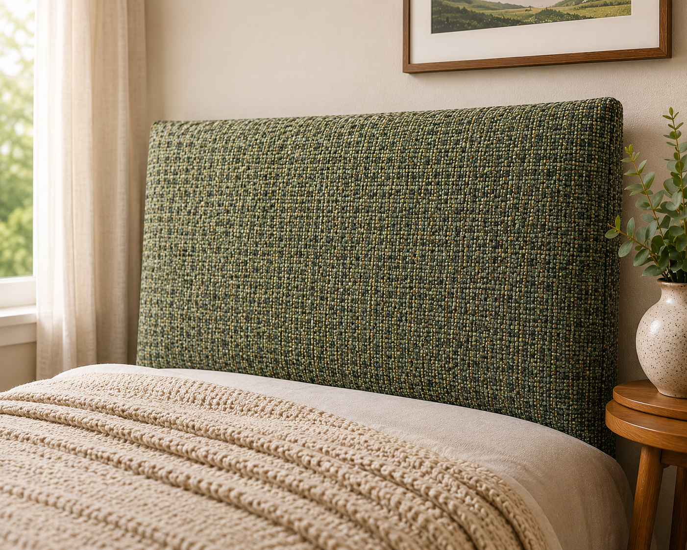 Statement headboard upholstered in Arcadia Basketweave in a bedroom