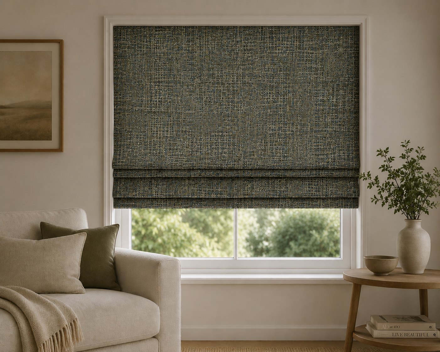 Roman blind made with Arcadia Basketweave fabric in a living room window