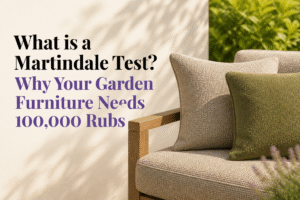 A modern outdoor sofa with textured beige and green cushions sits in sunlight next to greenery. Text on the left reads: “What is a Martindale Test? Why Your Garden Furniture Needs 100,000 Rubs.”.