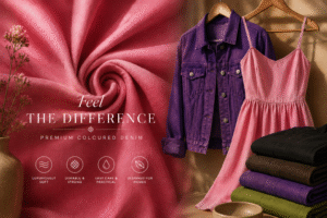 A display of premium colored denim features a close-up of pink fabric, a purple denim jacket, a pink dress, and neatly folded pants in green, black, and brown. Icons describe the fabric's softness, durability, and practicality.