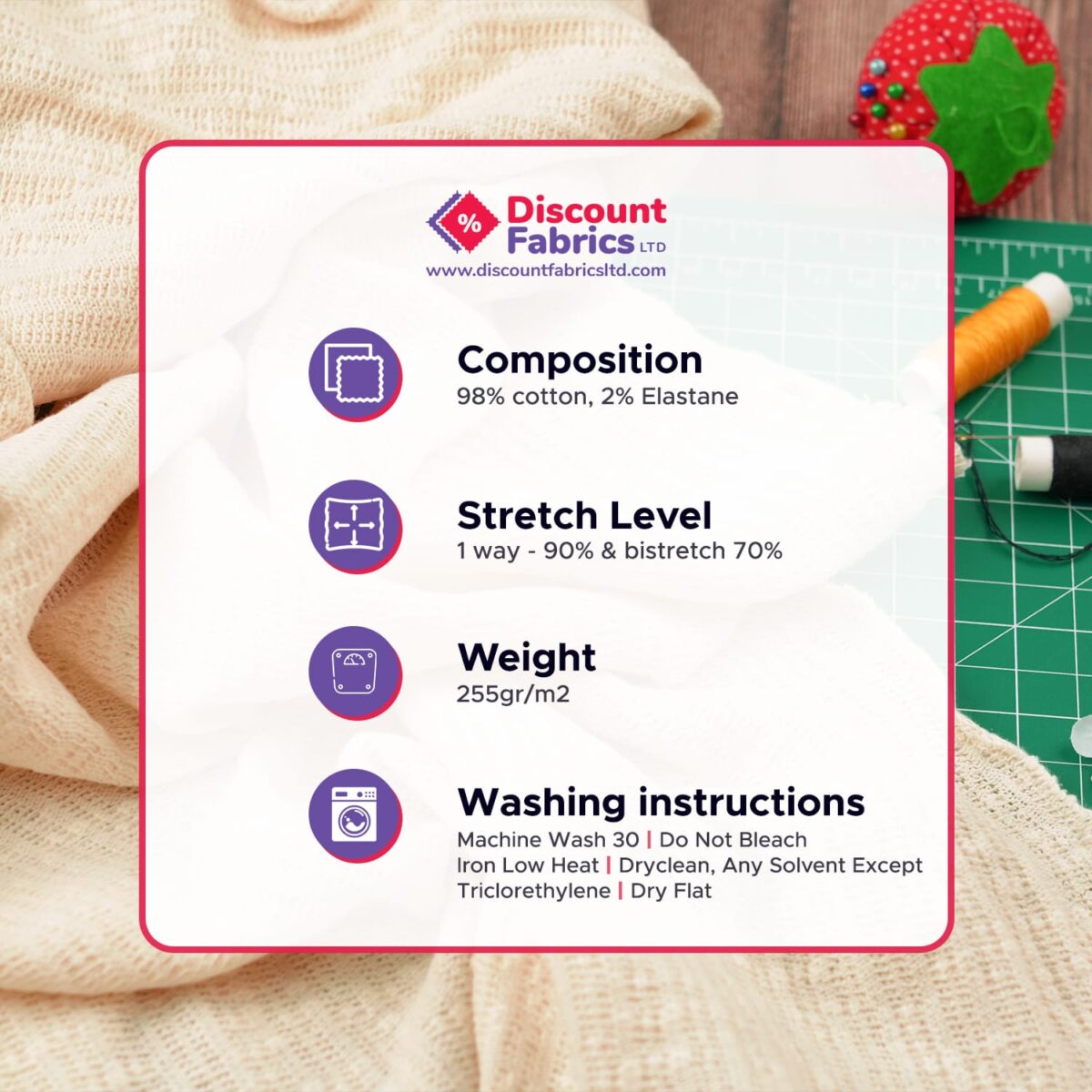 Natural Cotton Jersey Fabric (98% Cotton) | 260gsm Medium-Heavy | 4-Way Stretch - Image 7