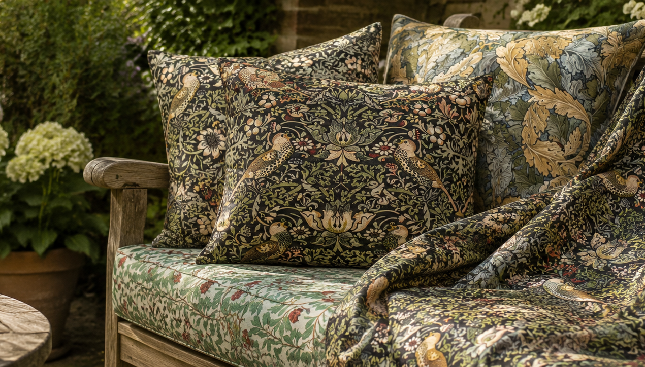William Morris Willow Bough print outdoor fabric close-up showing botanical detail and colour depth