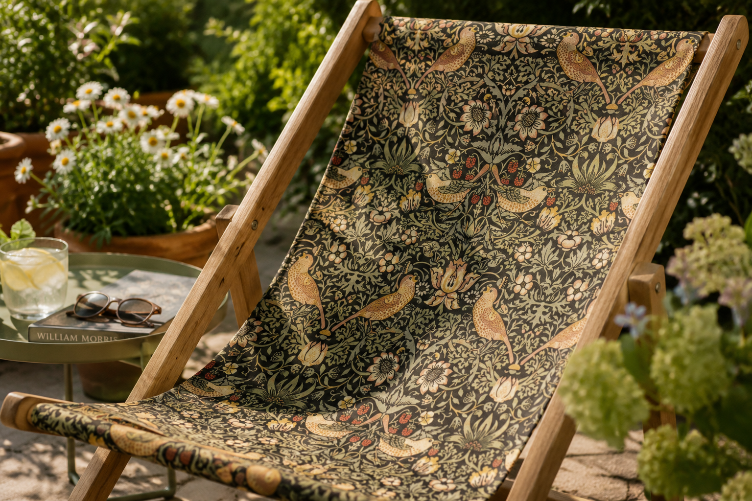 William Morris Willow Bough deckchair cover on a traditional wooden deckchair in a garden