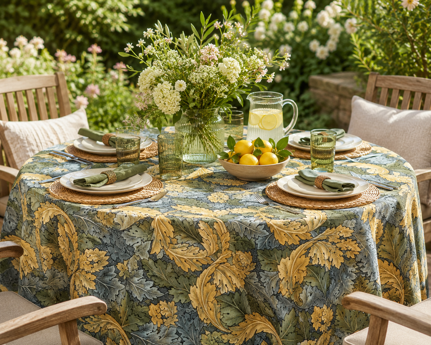 William Morris outdoor tablecloth on a garden table set for summer entertaining