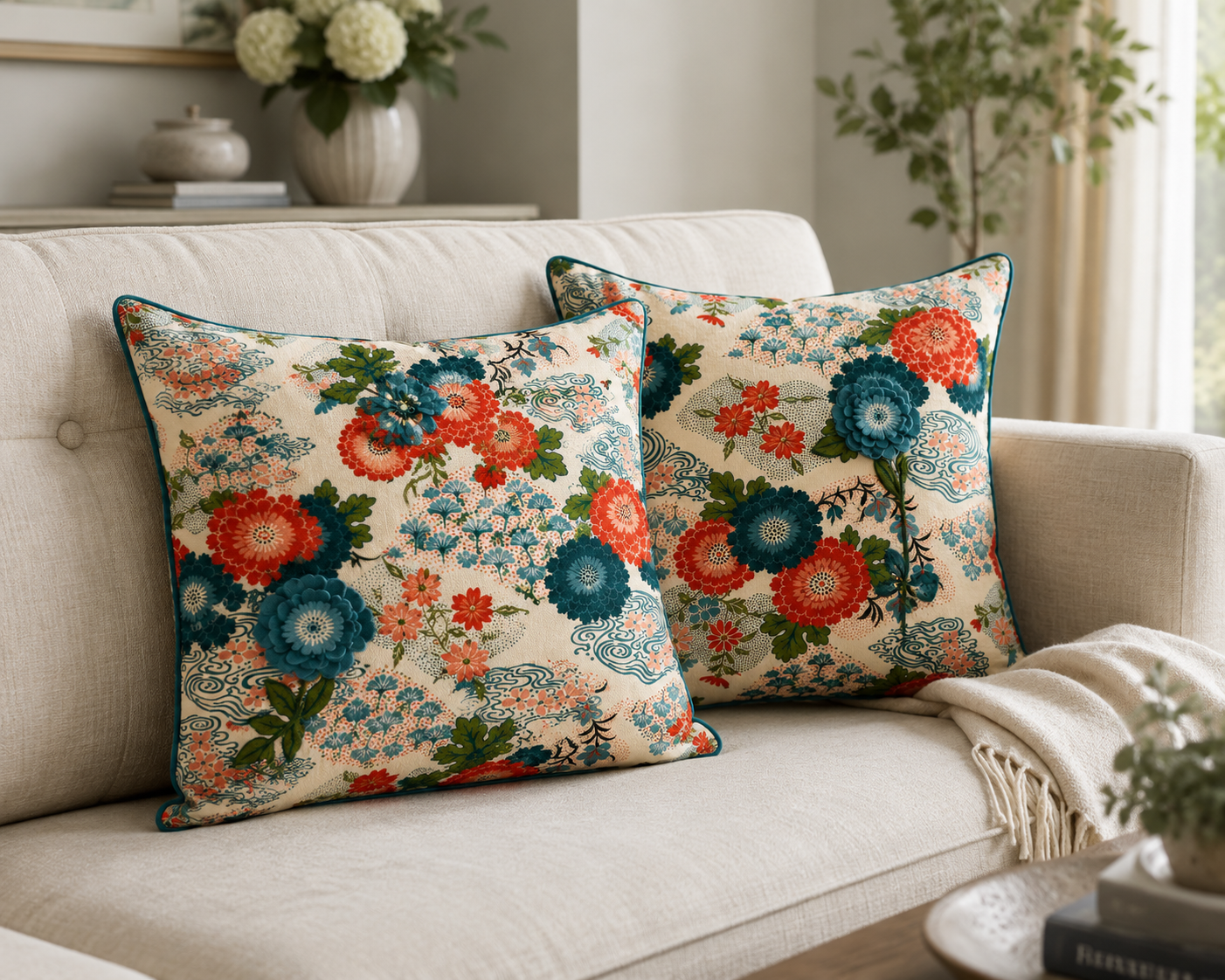 Custom cushion covers with Liberty fabric applique accent on a neutral sofa