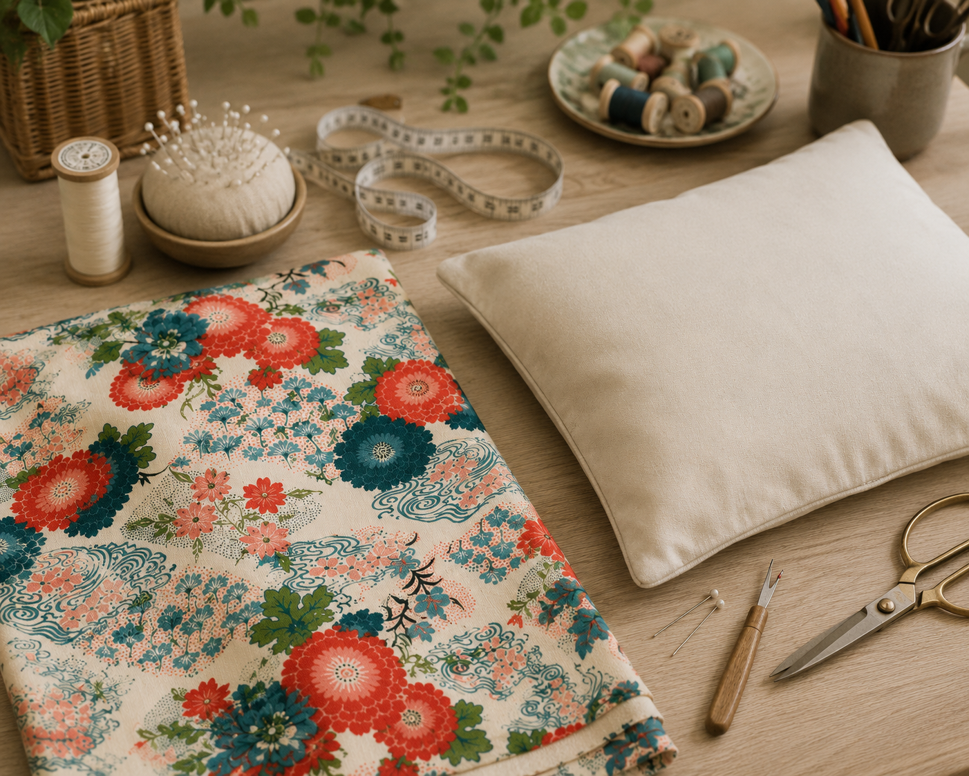 Basic sewing tools laid out on a worktable next to Liberty fabric and a plain cushion cover