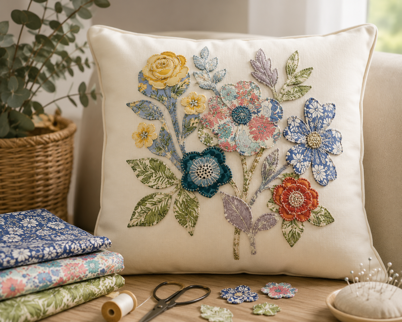 Liberty fabric applique patch on a plain cream cushion cover