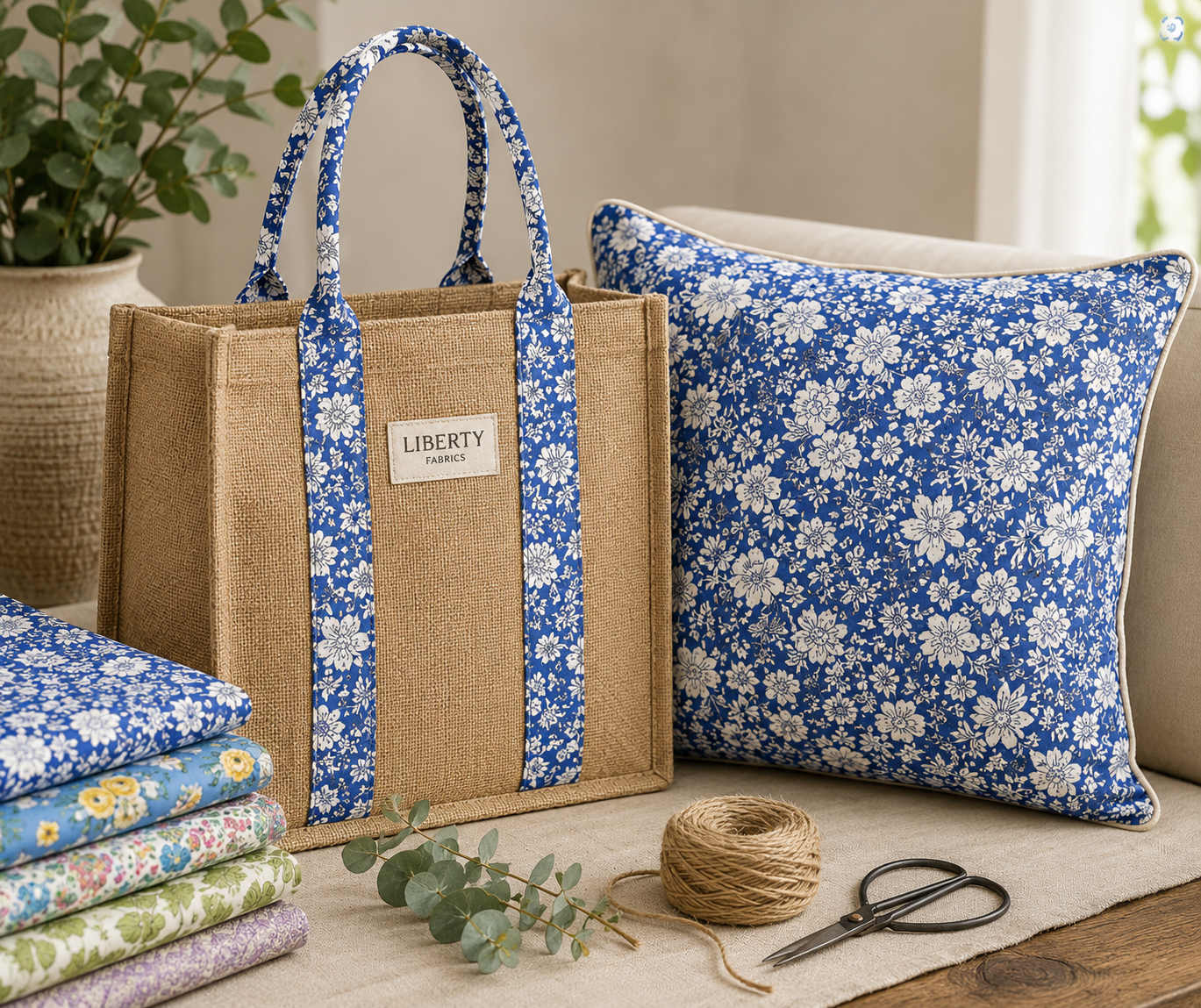 Contrast fabric handles on a hessian tote bag and cushion cover in Liberty print
