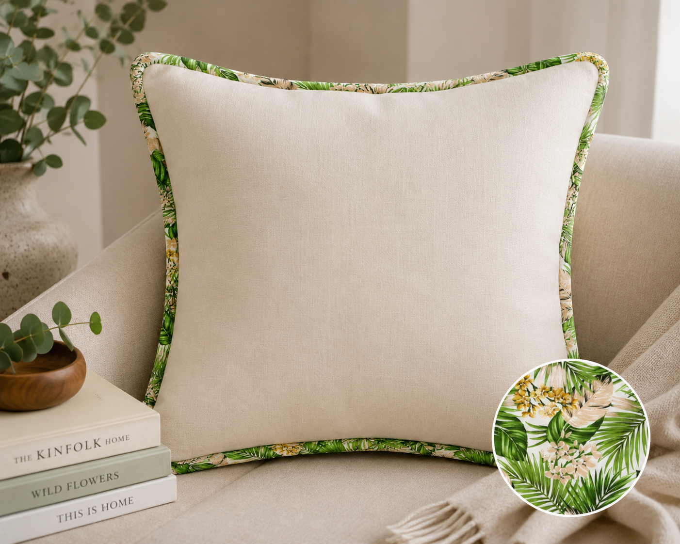 Liberty print self-piping trim on a cushion cover edge