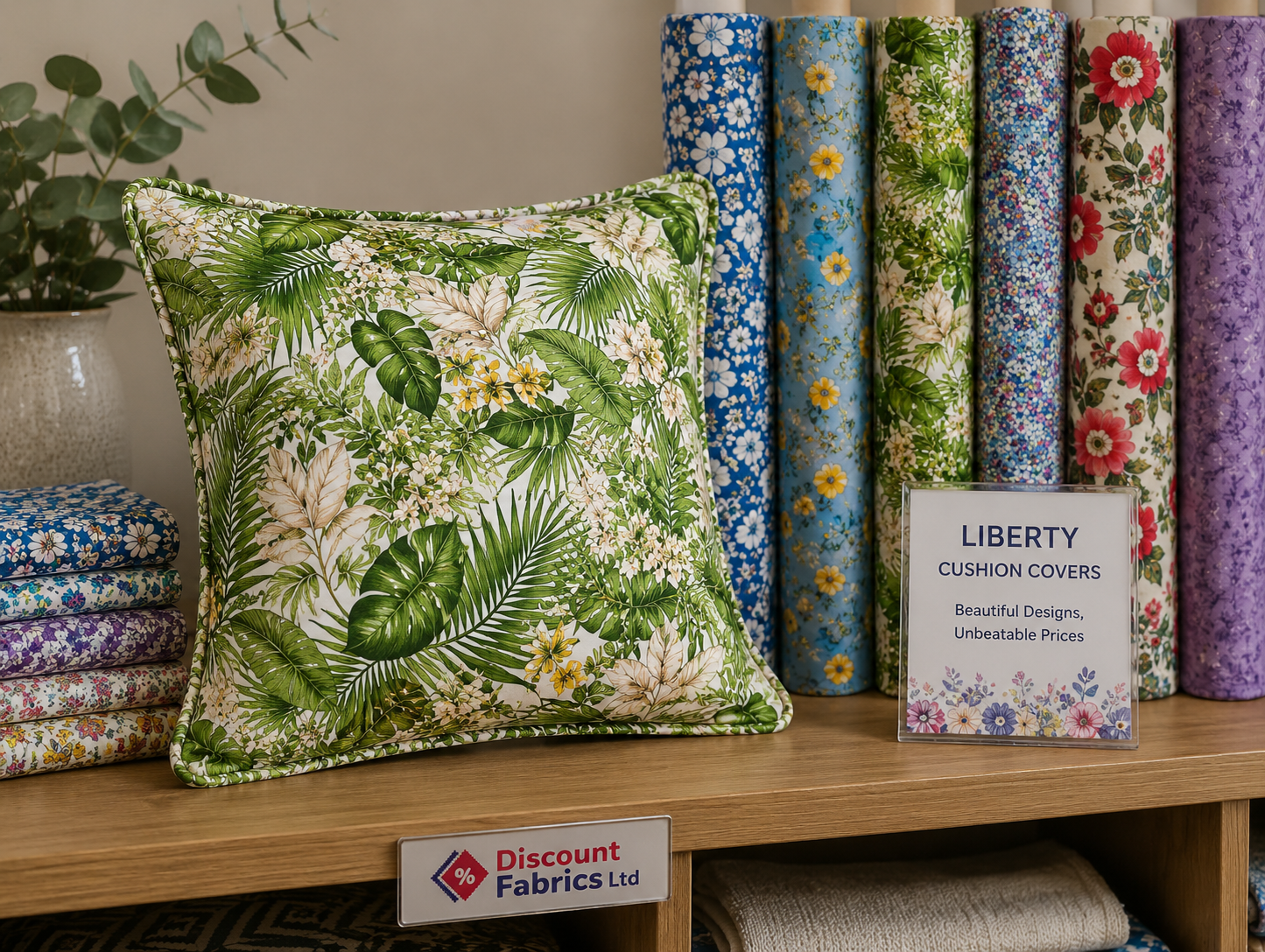 Clearance cushion covers stacked on a shelf next to rolls of Liberty fabric at Discount Fabrics Ltd