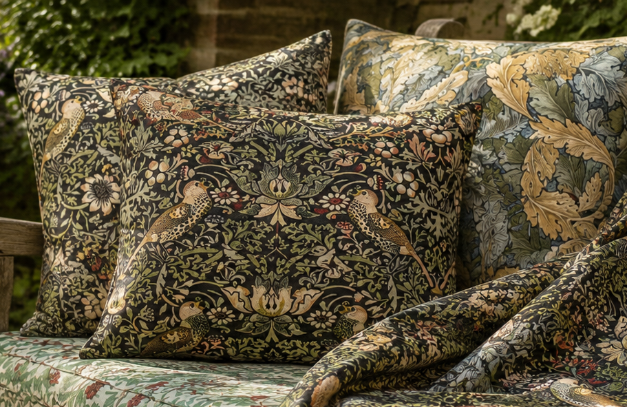 William Morris Strawberry Thief outdoor garden cushion covers on rattan furniture