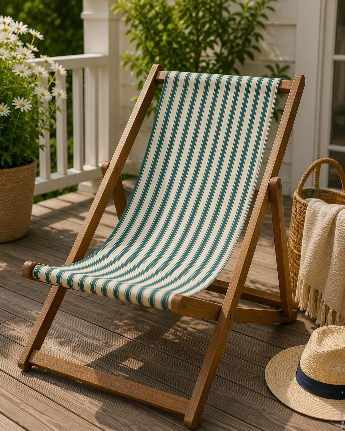 Traditional British deckchair with navy and red ticking stripe canvas cover on a garden lawn