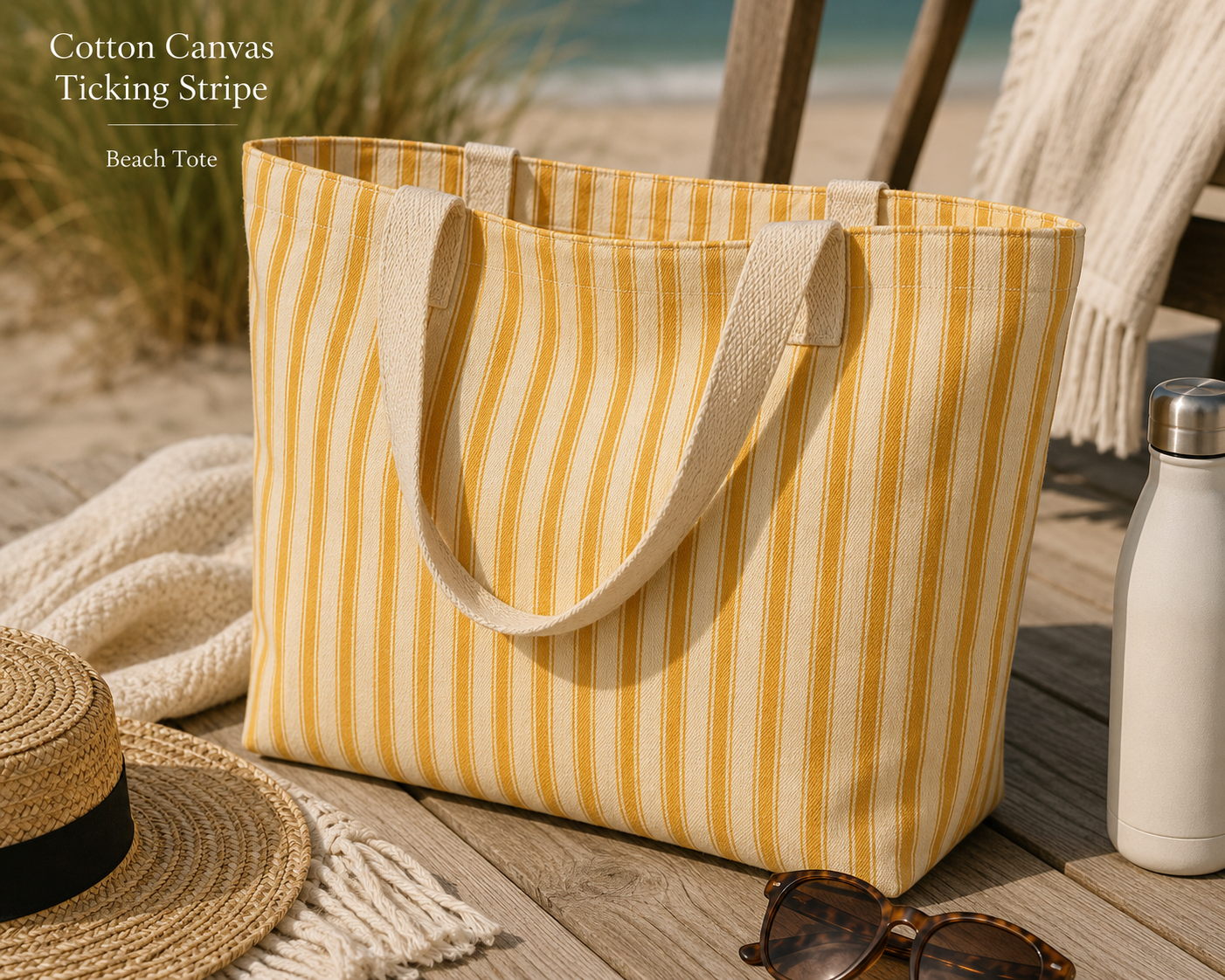 Canvas ticking stripe tote with velvet accent handles