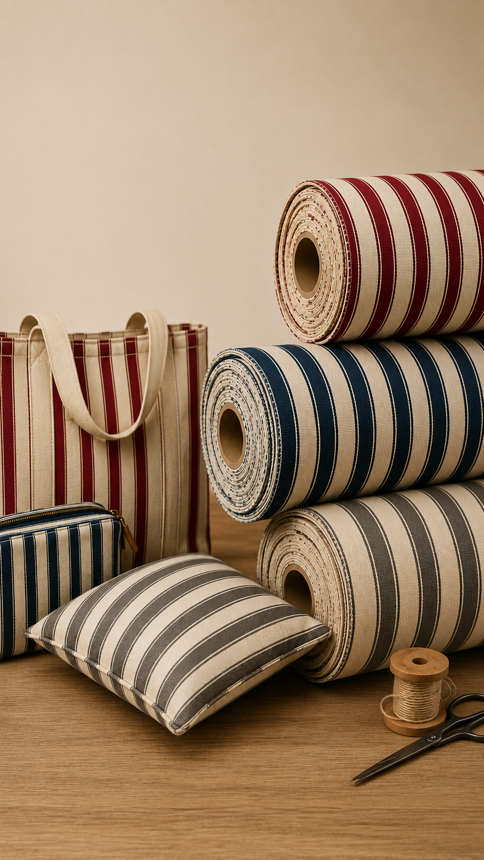 Red and navy cotton canvas ticking stripe fabric on a cutting table with denim needles and heavy thread