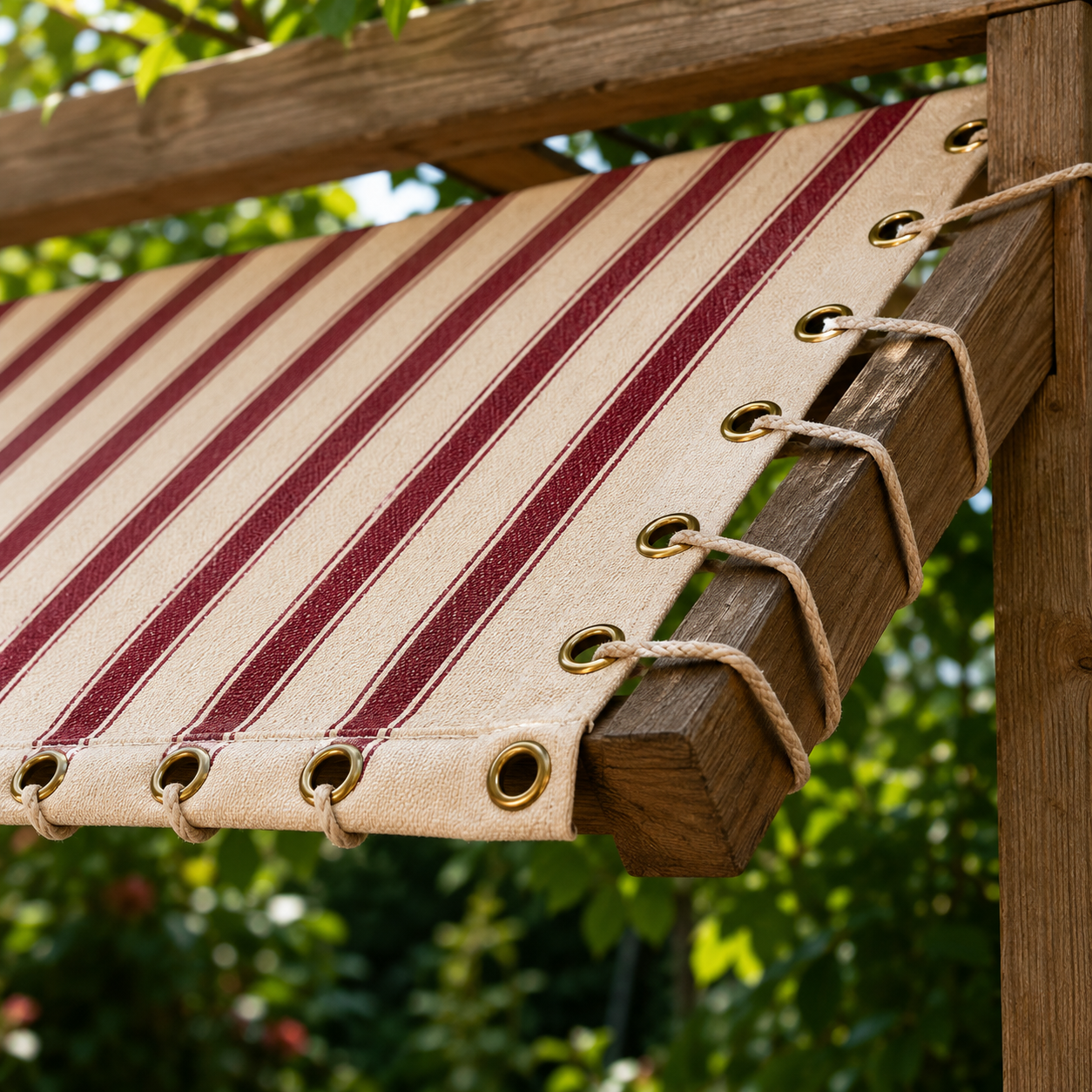 Canvas awning panel with brass eyelet hem finishing and rope lacing on a timber garden structure