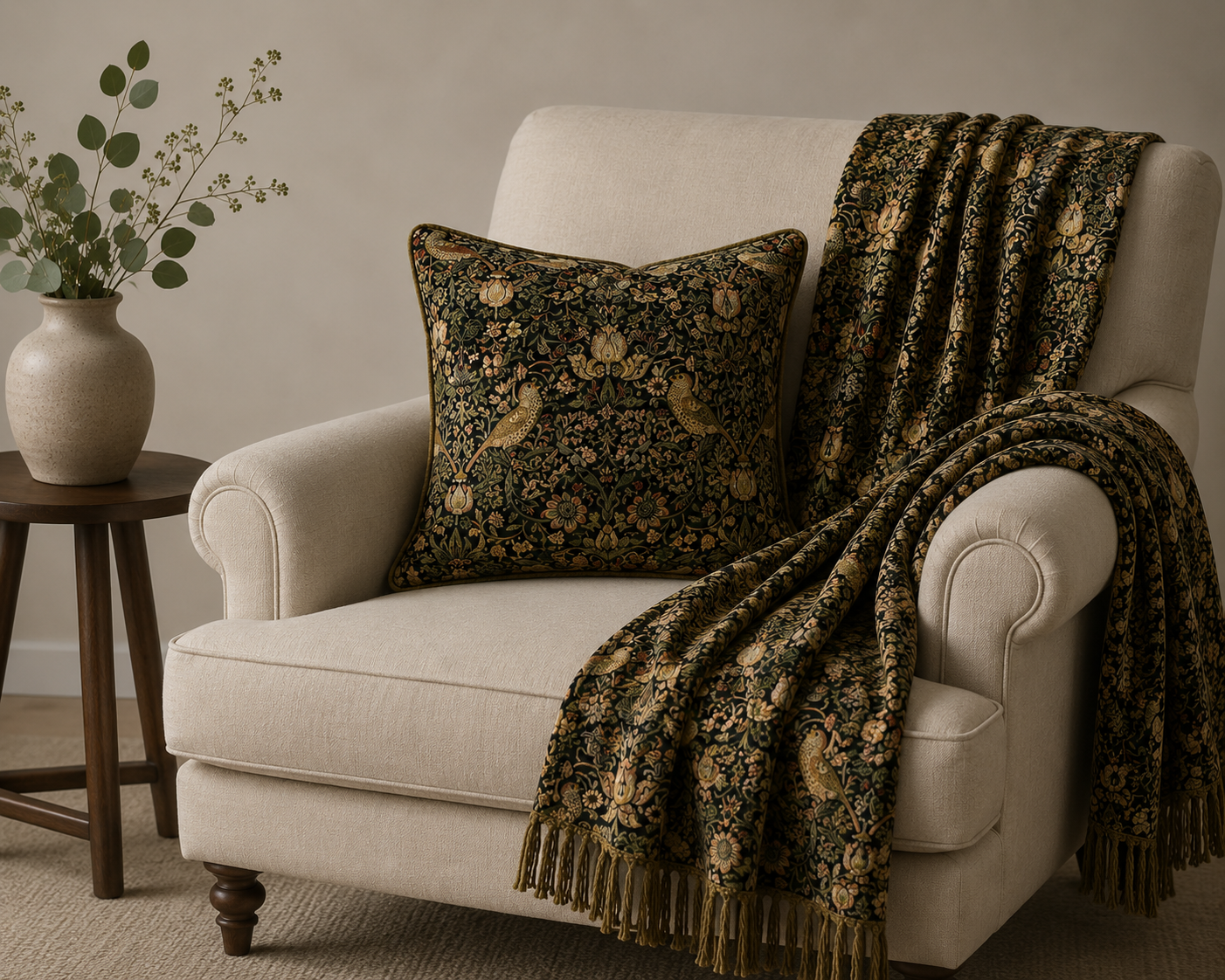 William Morris velvet reupholstered bedroom armchair showing Willow Bough print on seat and back panels
