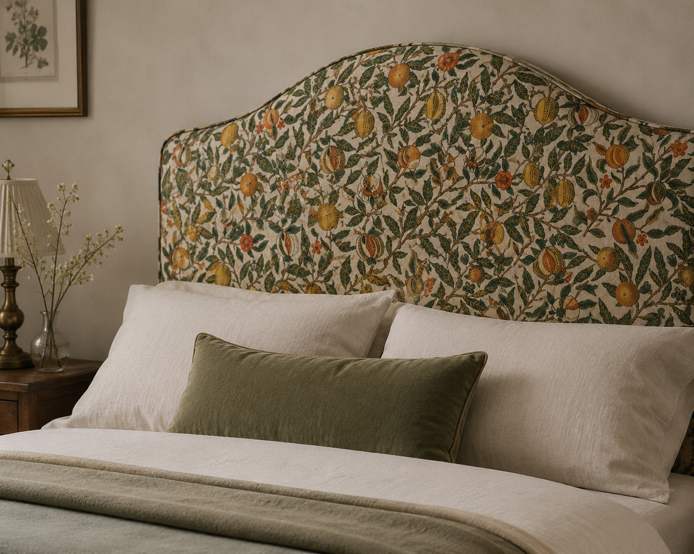 William Morris Acanthus velvet upholstered statement headboard on a bed in a neutral bedroom