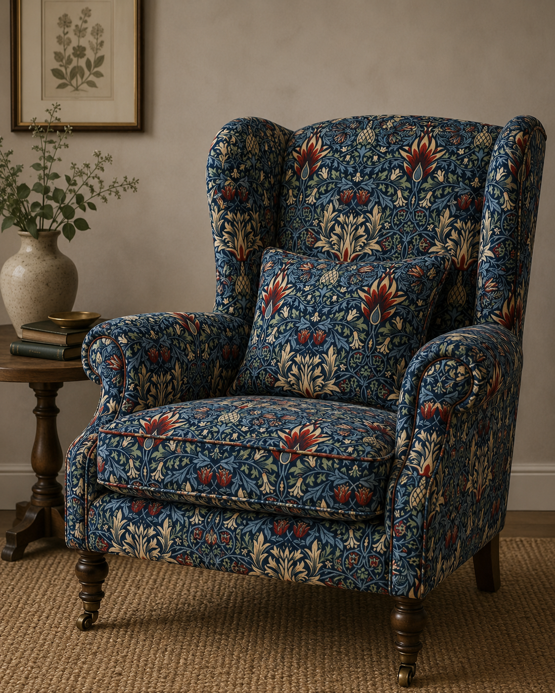 William Morris Acanthus velvet fabric draped over an armchair showing deep colour and print detail