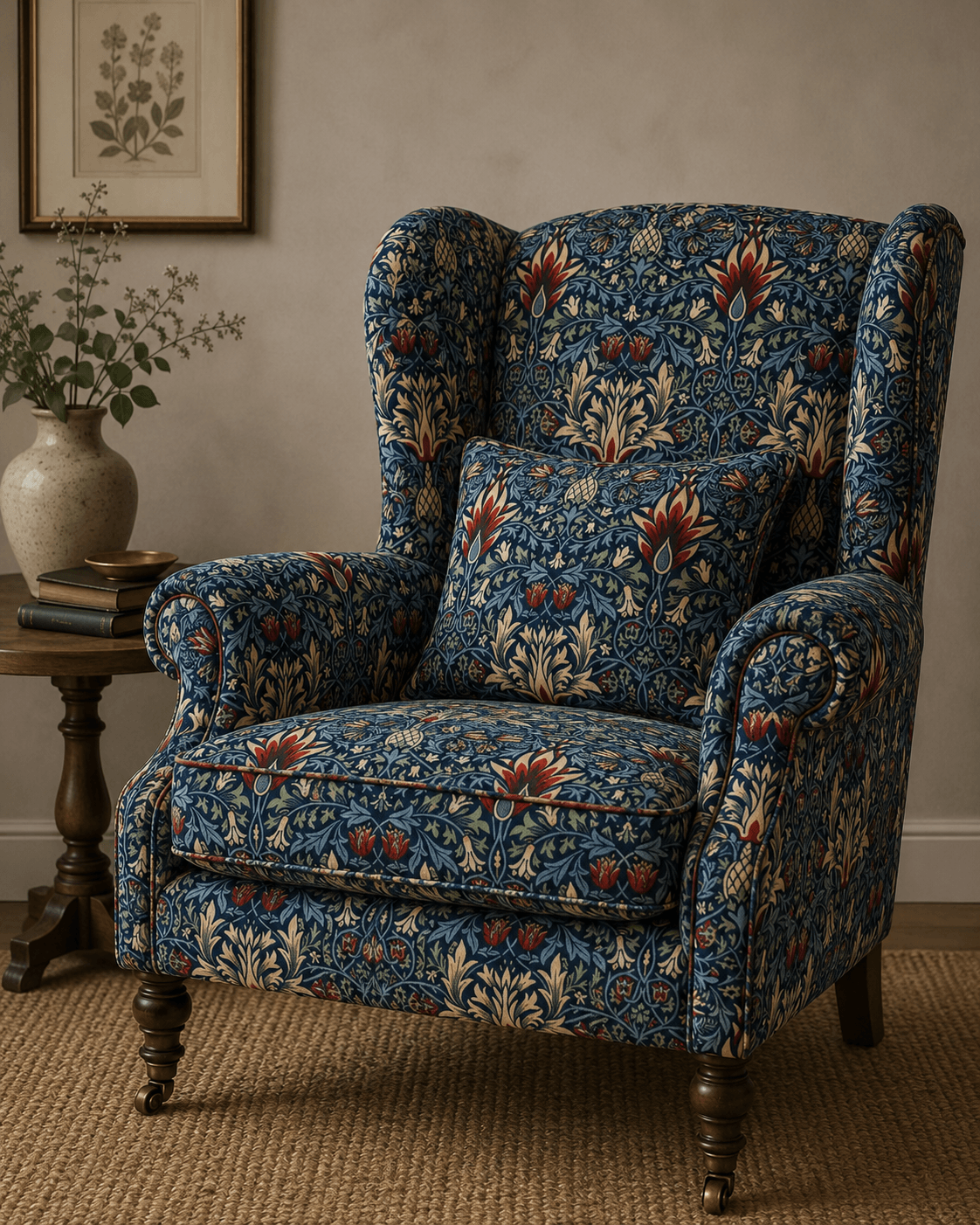 William Morris Outdoor fabric on garden patio cushions and tablecloth in a British garden summer setting